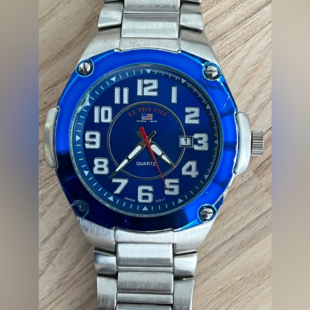 U.S. Polo Association Men’s Watch Stainless Bracelet Blue Dial Date Window